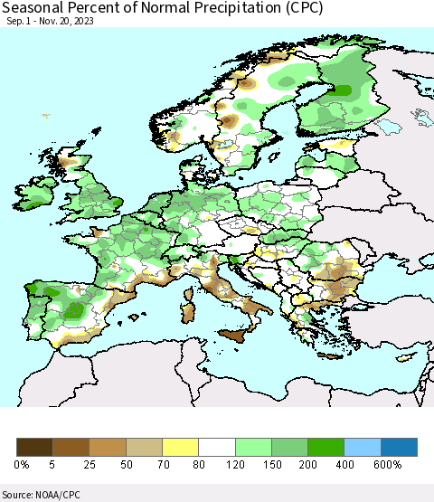 Europe Seasonal Percent of Normal Precipitation (CPC) Thematic Map For 9/1/2023 - 11/20/2023