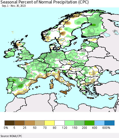 Europe Seasonal Percent of Normal Precipitation (CPC) Thematic Map For 9/1/2023 - 11/30/2023