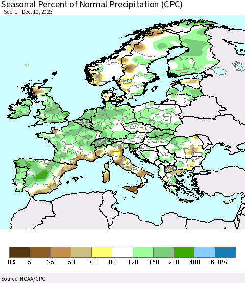 Europe Seasonal Percent of Normal Precipitation (CPC) Thematic Map For 9/1/2023 - 12/10/2023
