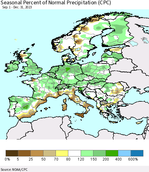 Europe Seasonal Percent of Normal Precipitation (CPC) Thematic Map For 9/1/2023 - 12/31/2023