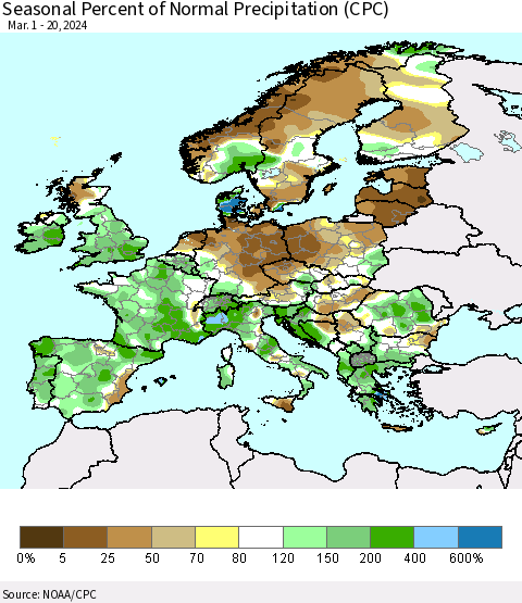 Europe Seasonal Percent of Normal Precipitation (CPC) Thematic Map For 3/1/2024 - 3/20/2024
