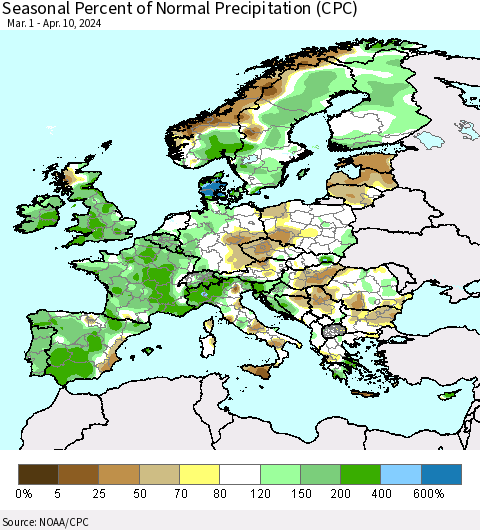 Europe Seasonal Percent of Normal Precipitation (CPC) Thematic Map For 3/1/2024 - 4/10/2024