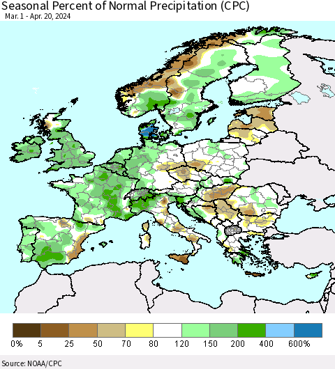 Europe Seasonal Percent of Normal Precipitation (CPC) Thematic Map For 3/1/2024 - 4/20/2024