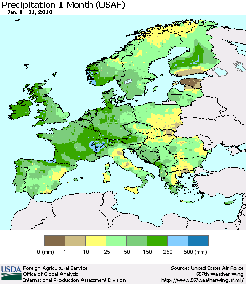 Europe Precipitation 1-Month (USAF) Thematic Map For 1/1/2018 - 1/31/2018