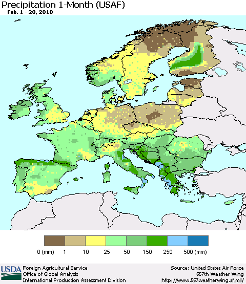 Europe Precipitation 1-Month (USAF) Thematic Map For 2/1/2018 - 2/28/2018