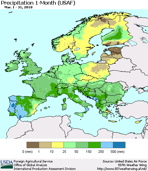 Europe Precipitation 1-Month (USAF) Thematic Map For 3/1/2018 - 3/31/2018