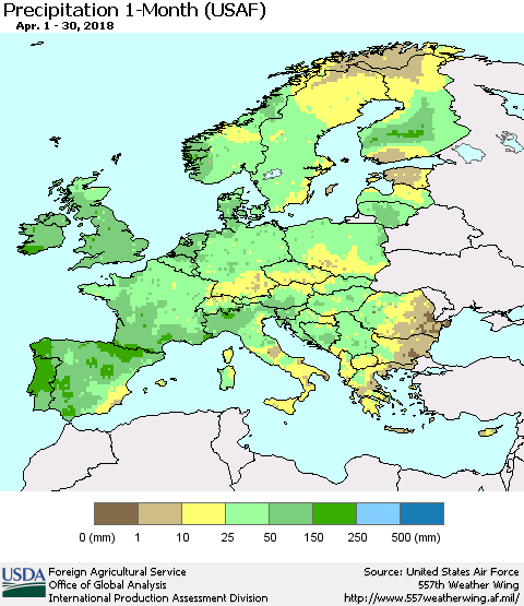 Europe Precipitation 1-Month (USAF) Thematic Map For 4/1/2018 - 4/30/2018
