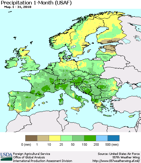 Europe Precipitation 1-Month (USAF) Thematic Map For 5/1/2018 - 5/31/2018