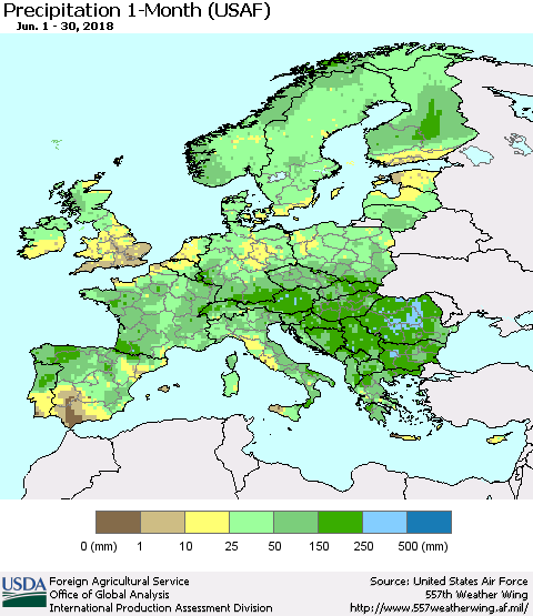 Europe Precipitation 1-Month (USAF) Thematic Map For 6/1/2018 - 6/30/2018