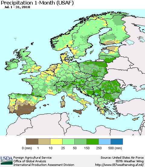 Europe Precipitation 1-Month (USAF) Thematic Map For 7/1/2018 - 7/31/2018