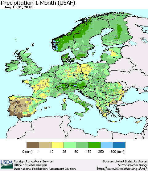 Europe Precipitation 1-Month (USAF) Thematic Map For 8/1/2018 - 8/31/2018