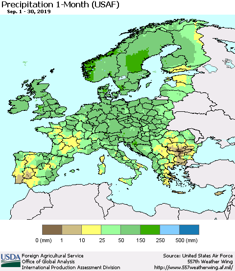 Europe Precipitation 1-Month (USAF) Thematic Map For 9/1/2019 - 9/30/2019