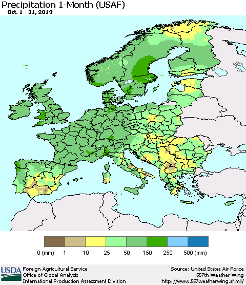 Europe Precipitation 1-Month (USAF) Thematic Map For 10/1/2019 - 10/31/2019