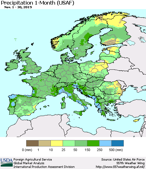 Europe Precipitation 1-Month (USAF) Thematic Map For 11/1/2019 - 11/30/2019