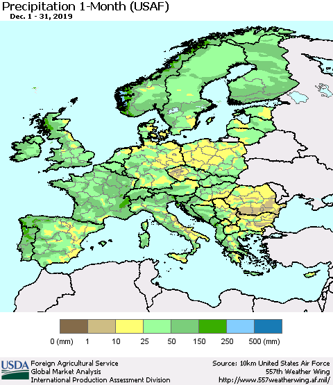 Europe Precipitation 1-Month (USAF) Thematic Map For 12/1/2019 - 12/31/2019