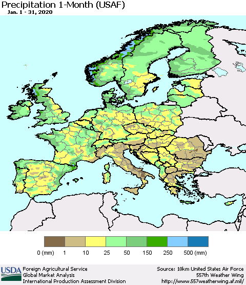 Europe Precipitation 1-Month (USAF) Thematic Map For 1/1/2020 - 1/31/2020