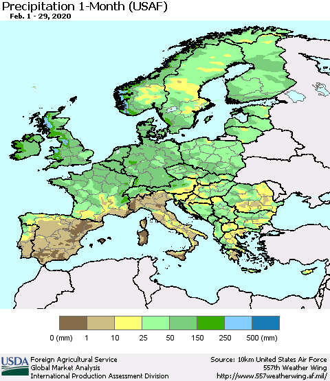 Europe Precipitation 1-Month (USAF) Thematic Map For 2/1/2020 - 2/29/2020