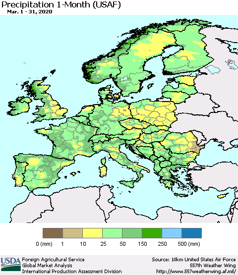 Europe Precipitation 1-Month (USAF) Thematic Map For 3/1/2020 - 3/31/2020