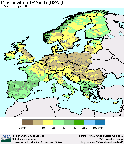 Europe Precipitation 1-Month (USAF) Thematic Map For 4/1/2020 - 4/30/2020