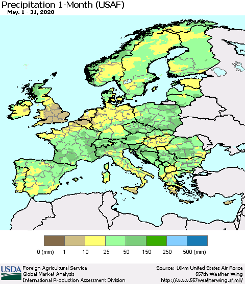 Europe Precipitation 1-Month (USAF) Thematic Map For 5/1/2020 - 5/31/2020