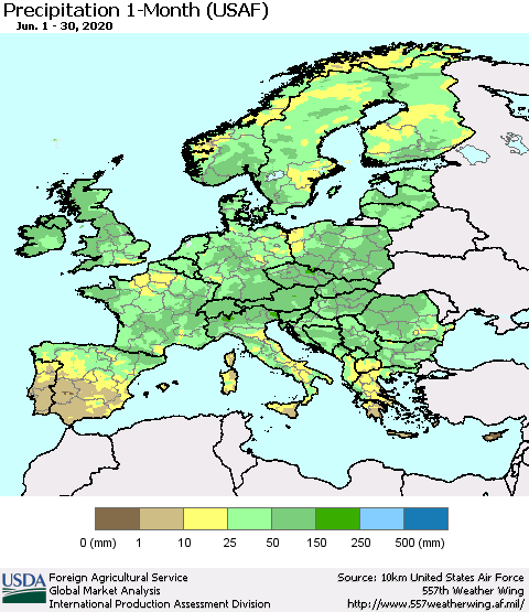 Europe Precipitation 1-Month (USAF) Thematic Map For 6/1/2020 - 6/30/2020
