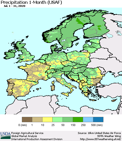 Europe Precipitation 1-Month (USAF) Thematic Map For 7/1/2020 - 7/31/2020
