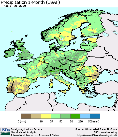 Europe Precipitation 1-Month (USAF) Thematic Map For 8/1/2020 - 8/31/2020