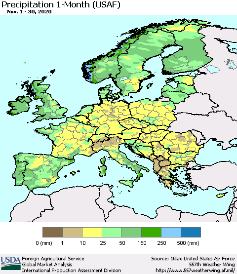 Europe Precipitation 1-Month (USAF) Thematic Map For 11/1/2020 - 11/30/2020