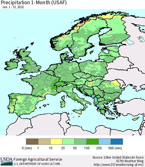 Europe Precipitation 1-Month (USAF) Thematic Map For 1/1/2021 - 1/31/2021