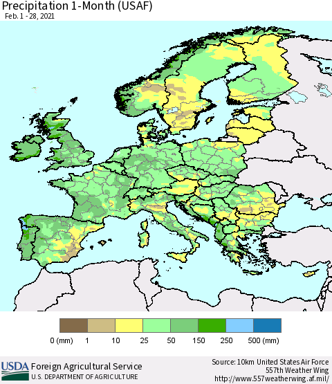 Europe Precipitation 1-Month (USAF) Thematic Map For 2/1/2021 - 2/28/2021