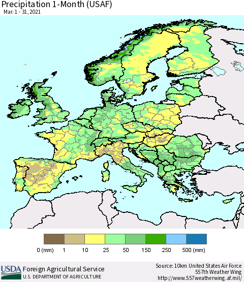 Europe Precipitation 1-Month (USAF) Thematic Map For 3/1/2021 - 3/31/2021