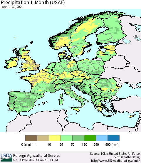 Europe Precipitation 1-Month (USAF) Thematic Map For 4/1/2021 - 4/30/2021