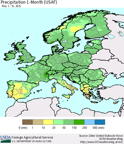 Europe Precipitation 1-Month (USAF) Thematic Map For 5/1/2021 - 5/31/2021