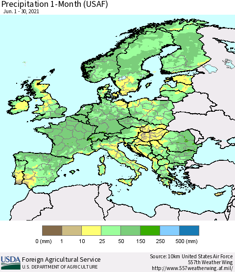 Europe Precipitation 1-Month (USAF) Thematic Map For 6/1/2021 - 6/30/2021