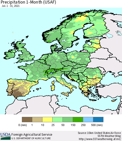 Europe Precipitation 1-Month (USAF) Thematic Map For 7/1/2021 - 7/31/2021