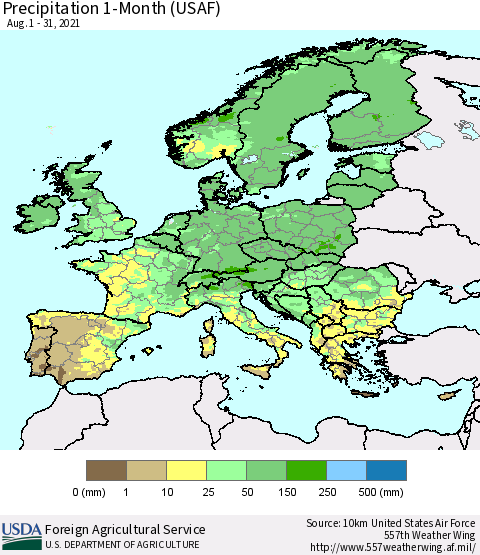 Europe Precipitation 1-Month (USAF) Thematic Map For 8/1/2021 - 8/31/2021