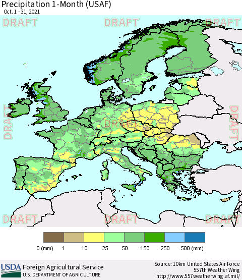 Europe Precipitation 1-Month (USAF) Thematic Map For 10/1/2021 - 10/31/2021