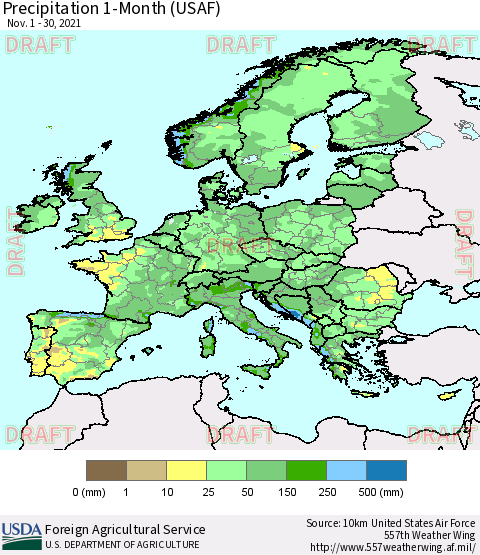 Europe Precipitation 1-Month (USAF) Thematic Map For 11/1/2021 - 11/30/2021