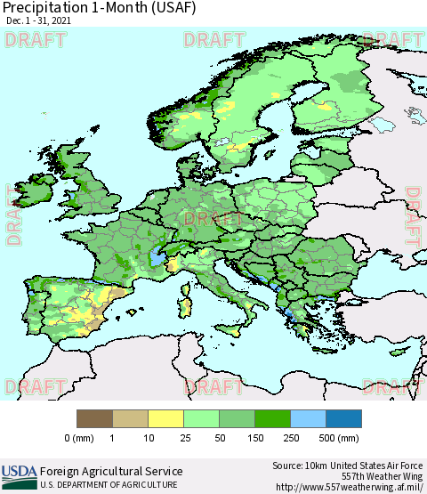 Europe Precipitation 1-Month (USAF) Thematic Map For 12/1/2021 - 12/31/2021
