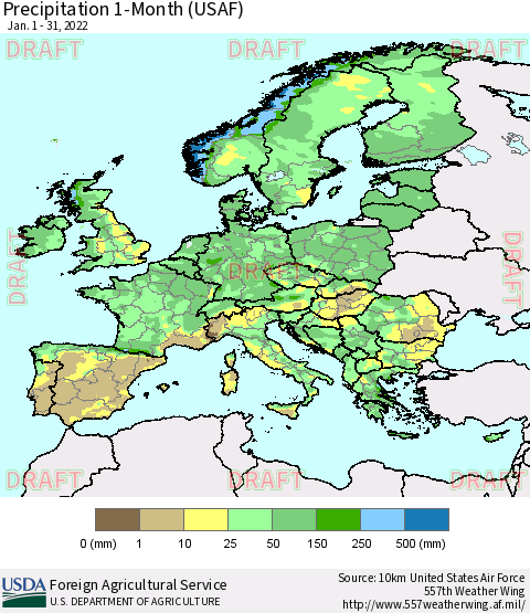 Europe Precipitation 1-Month (USAF) Thematic Map For 1/1/2022 - 1/31/2022