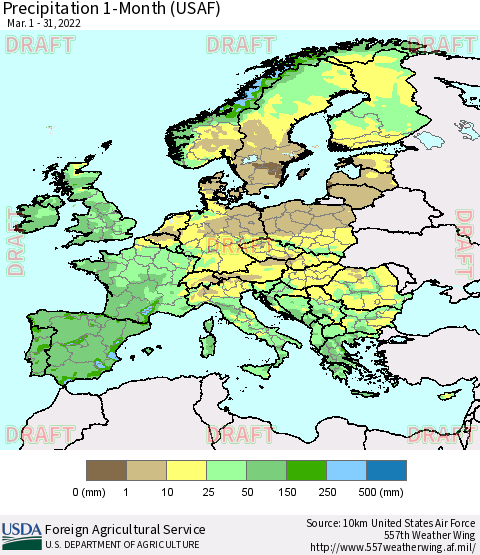 Europe Precipitation 1-Month (USAF) Thematic Map For 3/1/2022 - 3/31/2022
