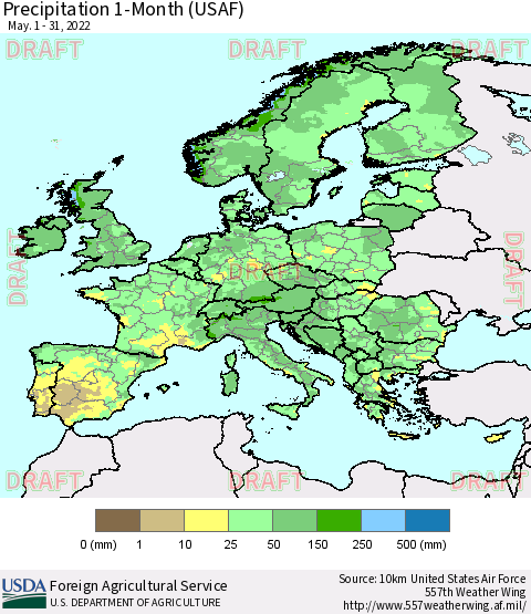 Europe Precipitation 1-Month (USAF) Thematic Map For 5/1/2022 - 5/31/2022