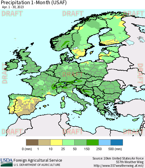 Europe Precipitation 1-Month (USAF) Thematic Map For 4/1/2023 - 4/30/2023
