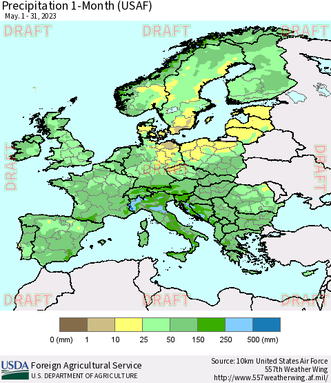 Europe Precipitation 1-Month (USAF) Thematic Map For 5/1/2023 - 5/31/2023