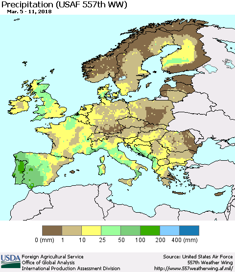 Europe Precipitation (USAF 557th WW) Thematic Map For 3/5/2018 - 3/11/2018