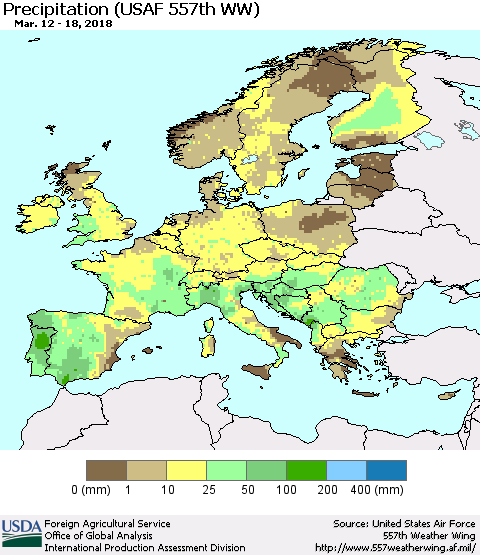 Europe Precipitation (USAF 557th WW) Thematic Map For 3/12/2018 - 3/18/2018