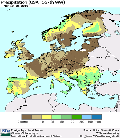 Europe Precipitation (USAF 557th WW) Thematic Map For 3/19/2018 - 3/25/2018
