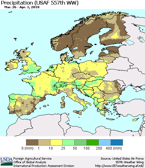 Europe Precipitation (USAF 557th WW) Thematic Map For 3/26/2018 - 4/1/2018