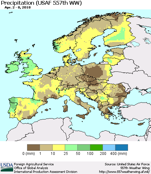 Europe Precipitation (USAF 557th WW) Thematic Map For 4/2/2018 - 4/8/2018