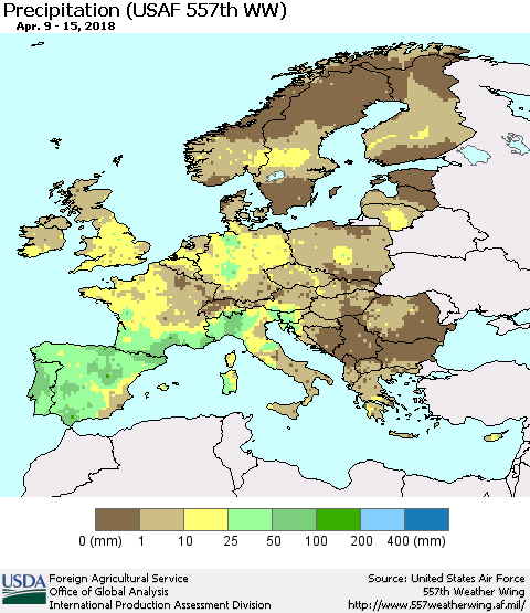 Europe Precipitation (USAF 557th WW) Thematic Map For 4/9/2018 - 4/15/2018
